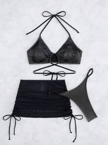 Swim SXY Ladies Solid Color Two-Piece Bikini Set For Vacation Summer Beach - Black - View 7