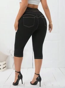 SHEIN Essnce 大码休闲中腰修身七分牛仔裤 - 黑色 - 查看 2