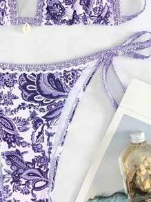 SHEIN Swim 女性夏季海灘時尚印花頸掛比基尼套裝 - 紫色 - 查看 3