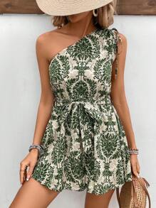 SHEIN Frenchy 全身露肩配露背印花一字肩腰帶連身褲 - 綠色 - 查看 6