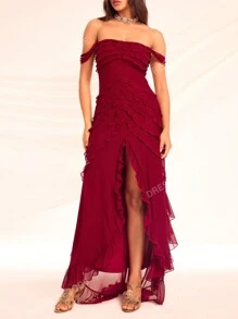 Mesh Ruffle Trim Off Shoulder Ruched Split Thigh Sheer Unlined Formal Dress Party Dress Wedding Guest Dress Evening Dress,Gown