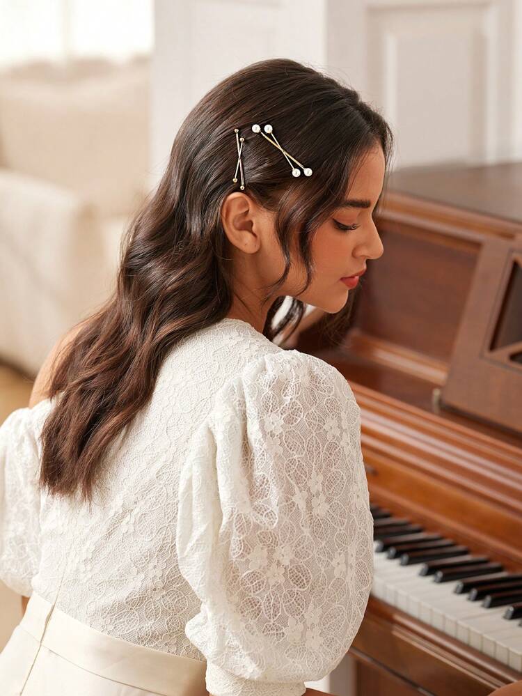 2pcs/Set Elegant And Luxurious Pearl And Metallic Hair Clip Combination, Suitable For Wedding, Honeymoon And Casual Occasions Claw Clips Hair Slide Hair Barrettes