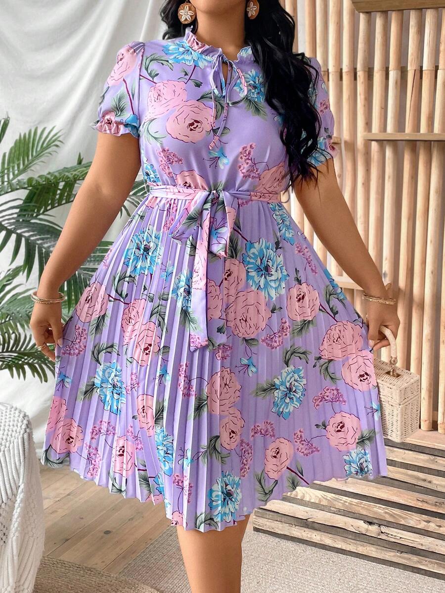 Breezaya Plus Size Boho Belted Floral Printed Dress With Ruffle Hem And Waist Belt For Vacation Spring And Summer Women Outfit - Purple - View 1