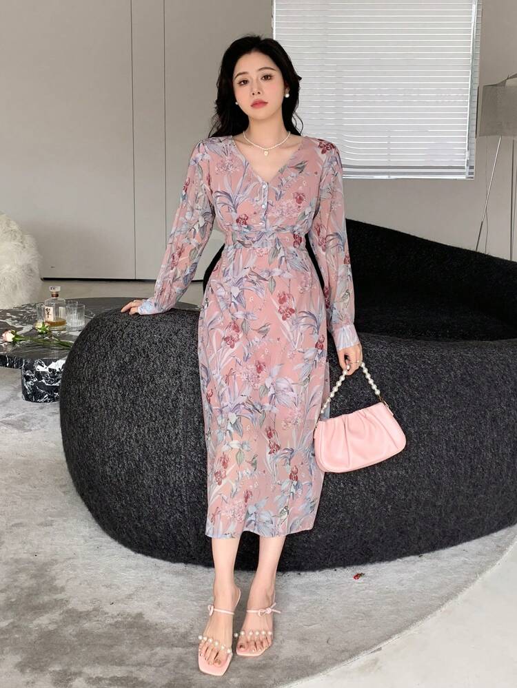 Women V Neck Full Printed Long Sleeve Dress,Ruffle,Fall Dress Floral