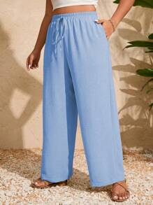 Breezaya Pantalones casuales de tallas grandes de pierna ancha con cintura elástica y unicolor para vacaciones