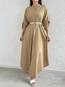 Seusyu فستان نسائي بتصميم بسيط وبألوان موحدة مع حزام للزينة - كاكي - مشاهدة 1