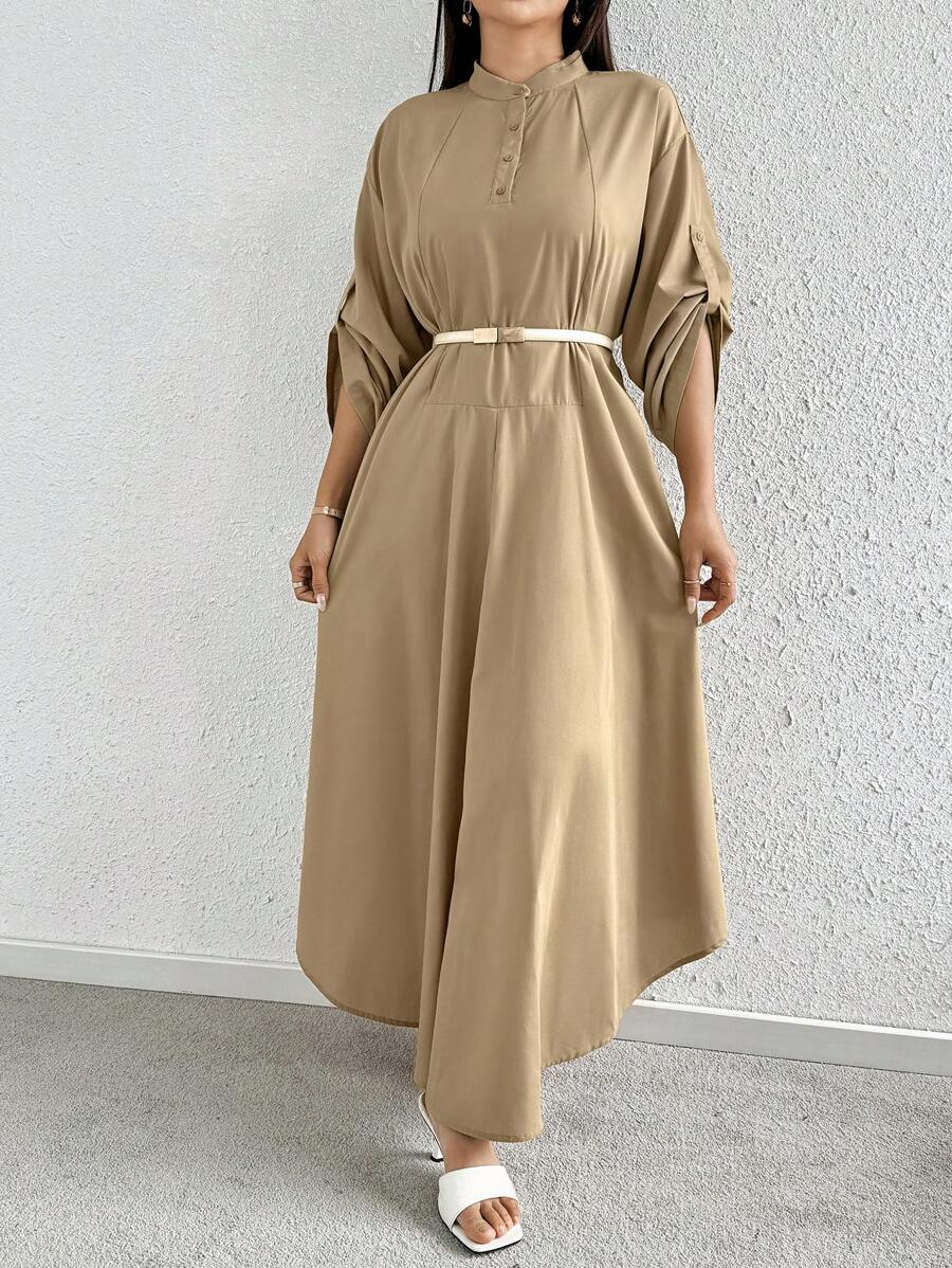 Seusyu فستان نسائي بتصميم بسيط وبألوان موحدة مع حزام للزينة - كاكي - مشاهدة 1