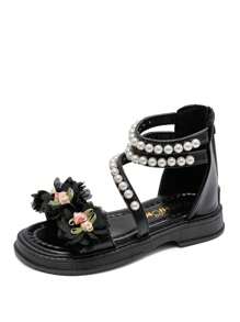 Platte kindersandalen voor meisjes, bloemenprinsesschoenen, parelschoenen voor kleine kinderen, grote kindersandalen met ritssluiting aan de achterkant en dikke platformhoge sandalen