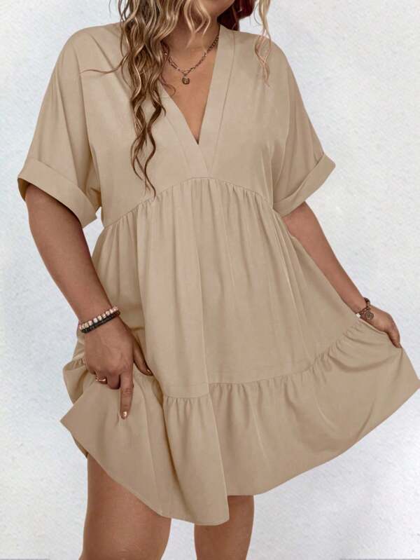 SHEIN LUNE Plus Size Loose Solid Color Batwing Sleeve Casual Summer Dress