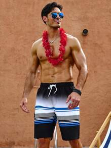 Surfspeed Men Drawstring Waist Striped Print Cargo Pocket Casual Beach Shorts,Hawaiian