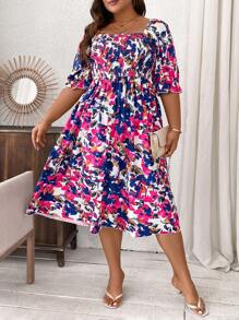 SHEIN Clasi Vestido de manga curta com decote quadrado e estampa floral para mulheres de Plus Size, estilo de férias de verão - Roxo - Visão 1
