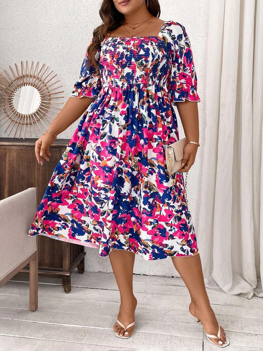 SHEIN Clasi Vestido de manga curta com decote quadrado e estampa floral para mulheres de Plus Size, estilo de férias de verão - Roxo - Visão 1