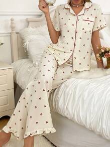 Zweifarbige Paspelierung Revers Kirschblüten Muster Damen Kurzarm Top Lange Hose Pyjama Set
