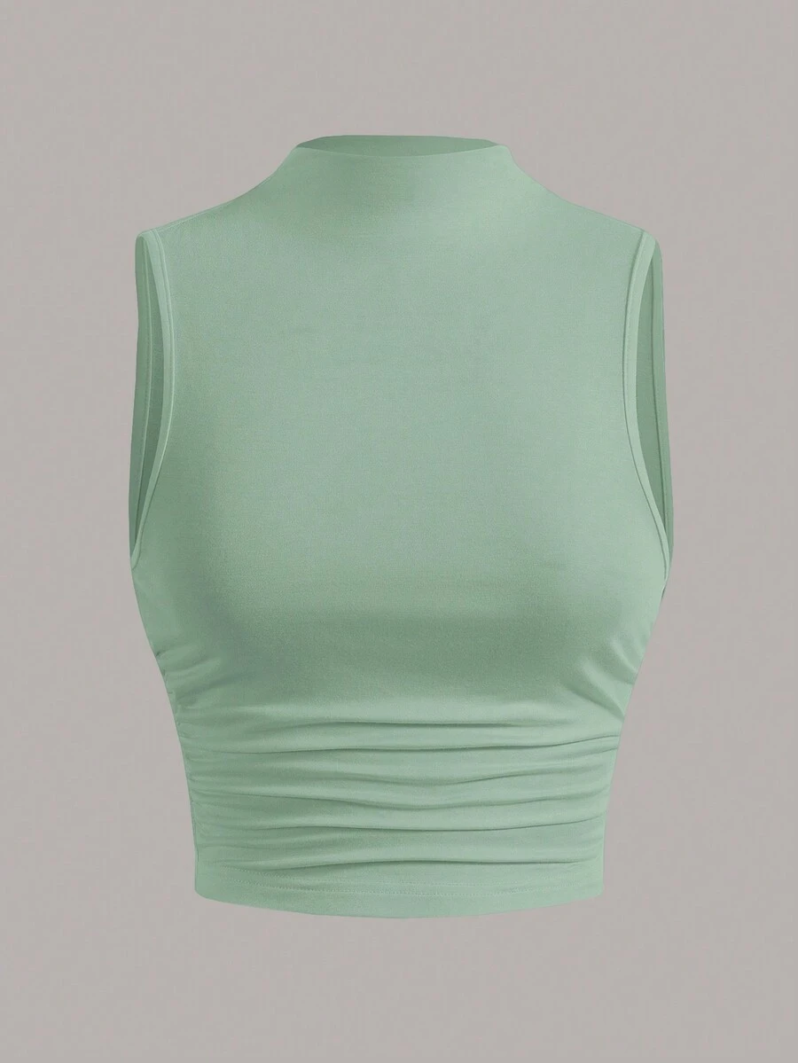 SHEIN EZwear Mint Green Women's Mock Neck Ruched Tank Top,Summer Top - Mint Green - View 1