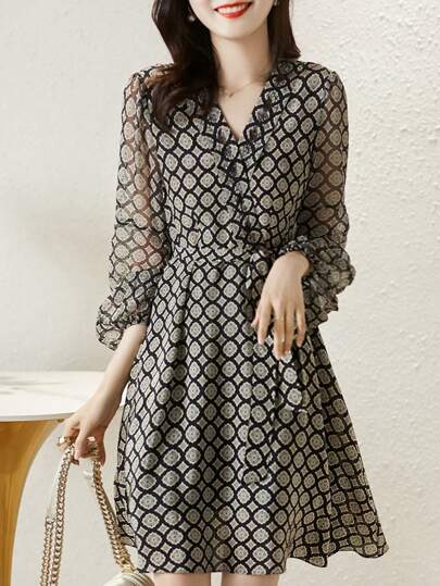 Abito Da Donna Con Stampa Floreale, Collo A V E Maniche A Lanterna