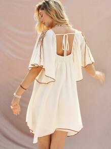 Bohemela Women Asymmetric Hem Vacation Dress With Contrast Color Butterfly Sleeves - Apricot - View 5