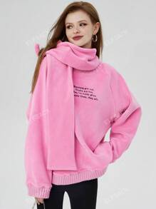 ELFSACK Pink Warm Hooded For Women 2024 Fit In Spring Loose Sweet Style Embroidered Top