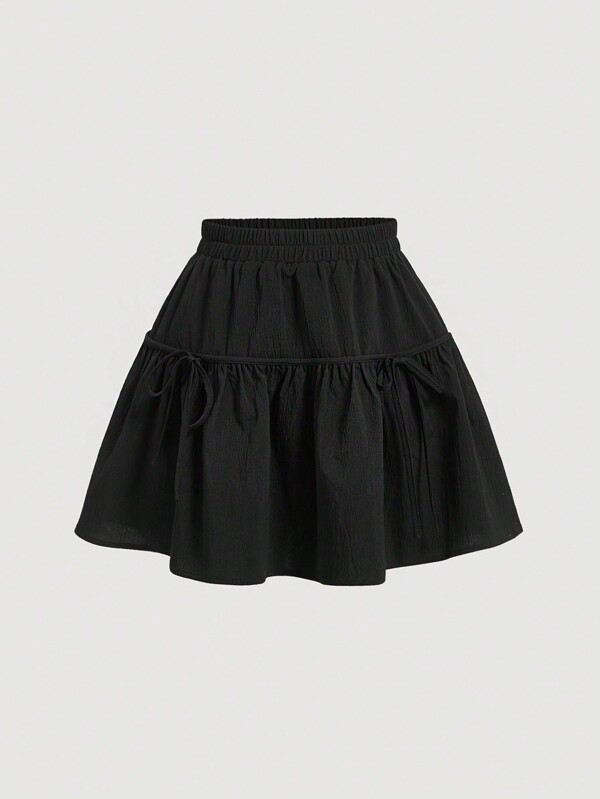 SHEIN MOD Black Elastic Waist Bow Decoration Split Skirt Hem Women Summer Skirt