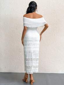 SHEIN Privé Women Simple Romantic Elegant Solid Color Pleated Off Shoulder Full Lace Dress - White - View 8