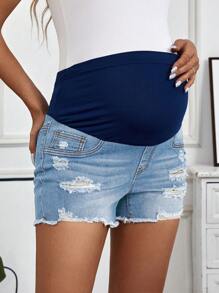 SHEIN Maternity Distressed Denim Shorts - Light Wash - View 6
