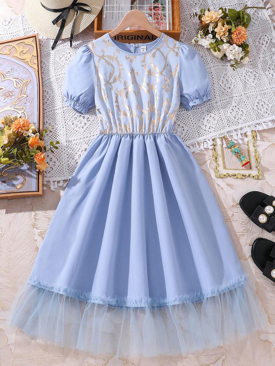 Cô gái Thanh lịch Ngắn Ống tay áo Đầm Với Vàng In Hoa Và Tròn Đường viền cổ áo - Màu xanh lam - Xem 1