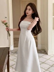 DAZY 女士时尚纯色吊带吊带返校节礼服舞会礼服优雅太阳裙婚礼女士连衣裙 - 白色 - 查看 6