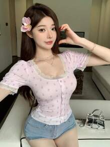 Dazy Designer Ladies Slim-Fit T-Shirt With Patchwork Lace Floral Going Out Tops Summer Cute Tops - Multicolor - View 7