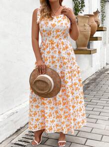 SHEIN Franclia 大碼迷你花卉假日風格背心連身裙，適用於春夏季 - 黃色 - 查看 4