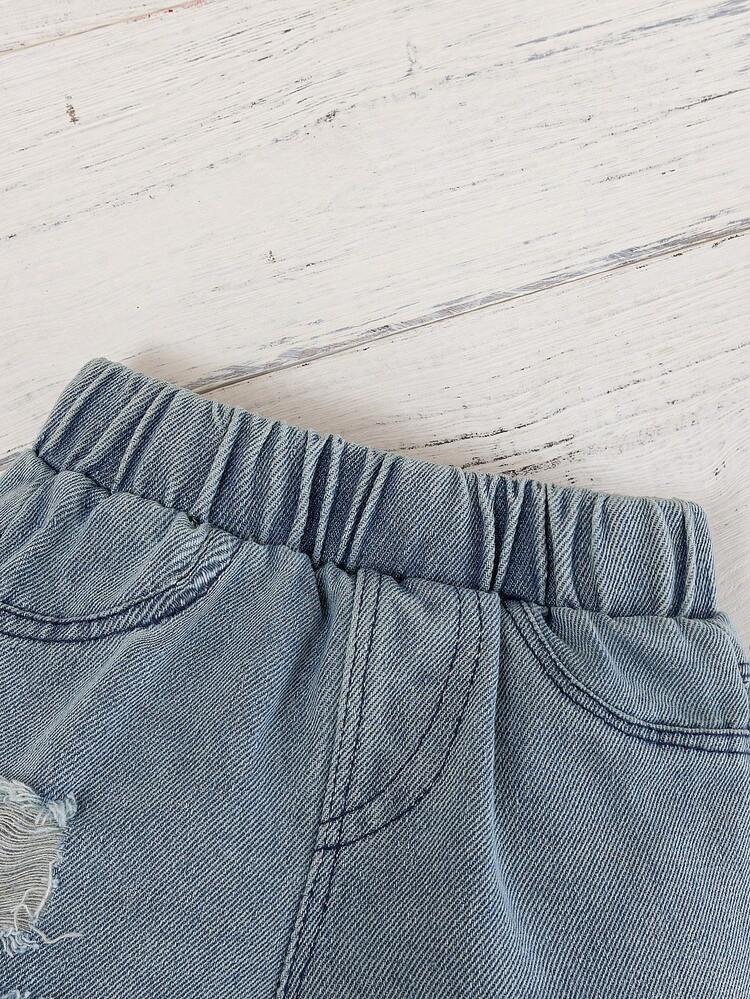 Baby Boys Casual And Comfortable Printed "Fruit" Graphic Hawaiian Shirt And Stylish Distressed Denim Shorts Set For Summer