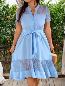 Celure Mujeres de talla grande vestido elegante sin mangas de encaje espeso con dobladillo alto-bajo para verano - Azul - Ver 5