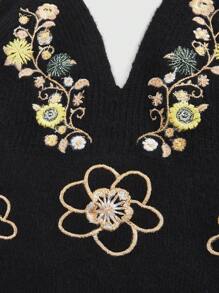 ROMWE Hippie Retro Floral Knitted Shirt, Simple And Fashionable Design, Suitable For Summer - Black - View 3