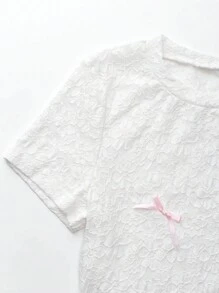 Flirla Top de manga corta decorado con encaje de moda para mujer con lazo