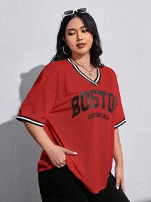 SHEIN EZwear 情人节大码女式针织网眼 V 领运动字母印花 T 恤，适合夏季 - 紅色 - 查看 3