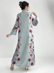 Al Najma Robe longue imprimée pour femme avec manches évasées et col cranté, ornée d'un motif floral, idéale pour le printemps et l'été. Robe longue modeste de style arabe, Robe casual à manches longues