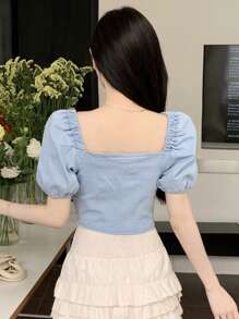 Dazy Designer Women Denim Bubble Sleeve Top With Square Neck And Unique Design - Light Wash - View 5