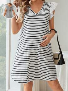 SHEIN Vestido Casual De Rayas Patchwork Con Dobladillo De Volantes Y Lazada Trasera Para Mujeres Embarazadas En Verano - Blanco - Ver 1