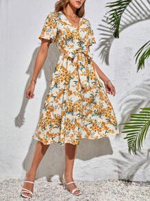 SHEIN Tall Floral Print Butterfly Sleeve Dress With Waist Belt