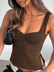 INAWLY 女性夏季休閒胸前褶皺分裂短款上衣 - 棕色 - 查看 1