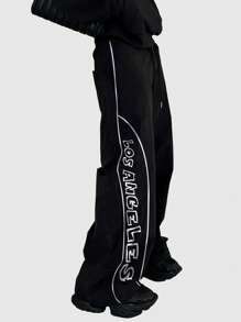 ROMWE MEN Street Life Men Slogan Printed Baggy Pants, Suitable For Daily Wear In Spring And Summer, School - Black - View 4