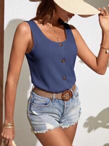 SHEIN LUNE Camiseta de tirantes con botones delanteros y textura de unicolor para vacaciones de verano - Azul Marino - Ver 6