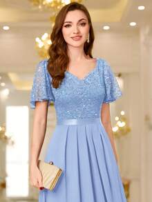 MIUSOL Contrast Sequin Lace Heart Neckline Ruffle Sleeve Evening Party Maxi Dress - Baby Blue - View 8