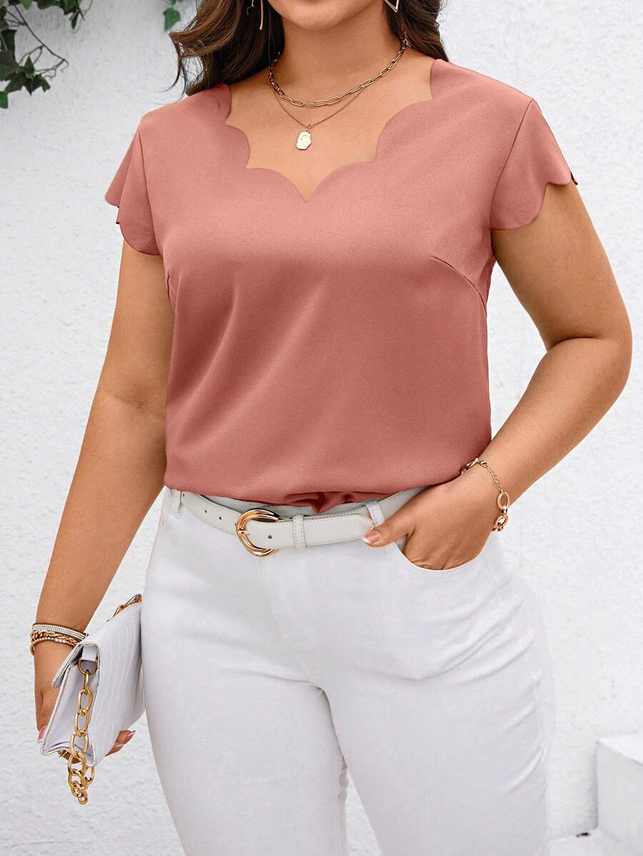 SHEIN Clasi Camisa simple de manga corta con borde de concha informal para verano y utilización diaria en tallas grandes - Rosa vieja - Ver 1