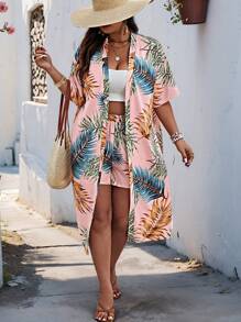 SHEIN Clasi Plus Size Boho Random Leaf Print Loose Front Opening Vacation Shirt And Shorts Set Short Sets Summer