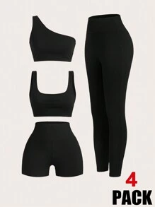 SHEIN EZwear Màu thuần Đàn hồi Một  vai Áo , Áo vest , Quần short & Xà cạp Thể thao Bộ đồ - màu đen - Xem 1