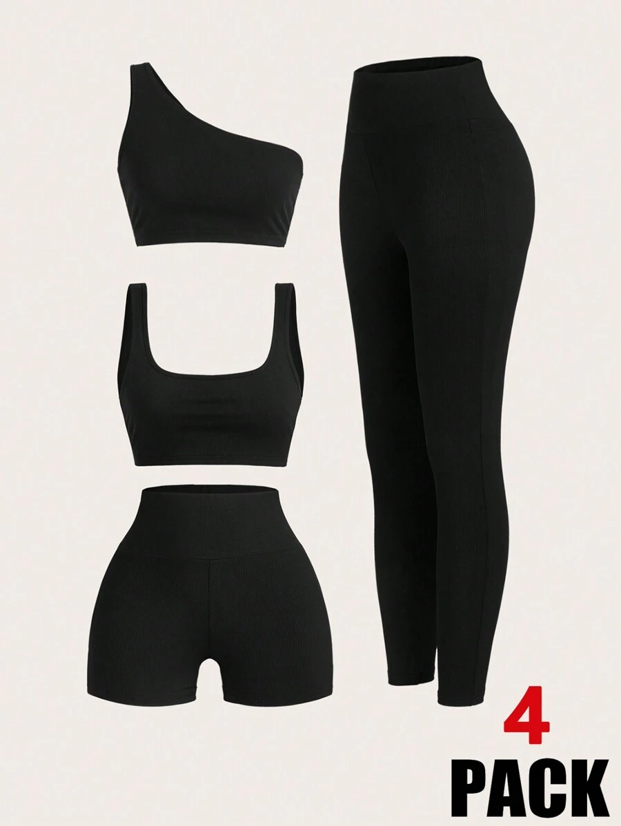 SHEIN EZwear Màu thuần Đàn hồi Một  vai Áo , Áo vest , Quần short & Xà cạp Thể thao Bộ đồ - màu đen - Xem 1