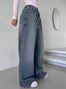 DAZY 女士高腰阔腿牛仔裤，带口袋，适合休闲穿着，宽松牛仔裤 - 藍色 - 查看 4