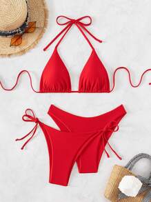 Swim Basics 2pcs/Set 2025 Women's Solid Color Halter Tie Sexy Bikini Swimwear Summer - Red - View 1