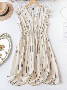 SHEIN LUNE 無袖荷葉邊V領彈性腰A字型大尺碼中長裙 - 彩色 - 查看 1