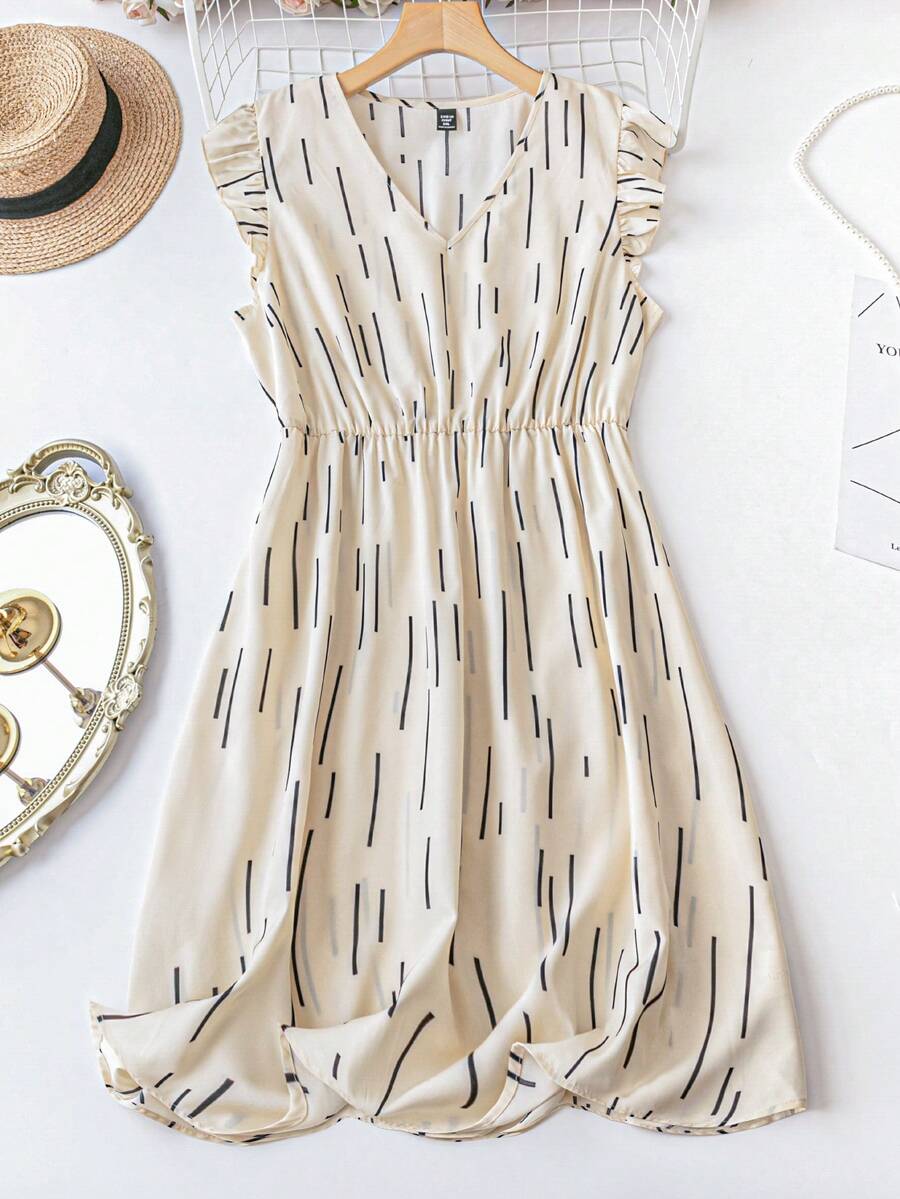 SHEIN LUNE 無袖荷葉邊V領彈性腰A字型大尺碼中長裙 - 彩色 - 查看 1