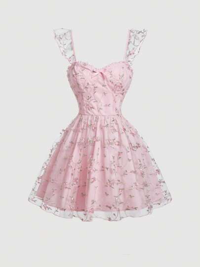 SHEIN MOD Women's Romantic Floral Embroidery Dress With Sweetheart Neckline For Date,Summer Women Dresses